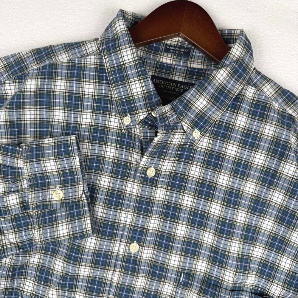 American Eagle Button Down Shirt Mens L Blue Plaid Chambray Long Sleeve Preppy